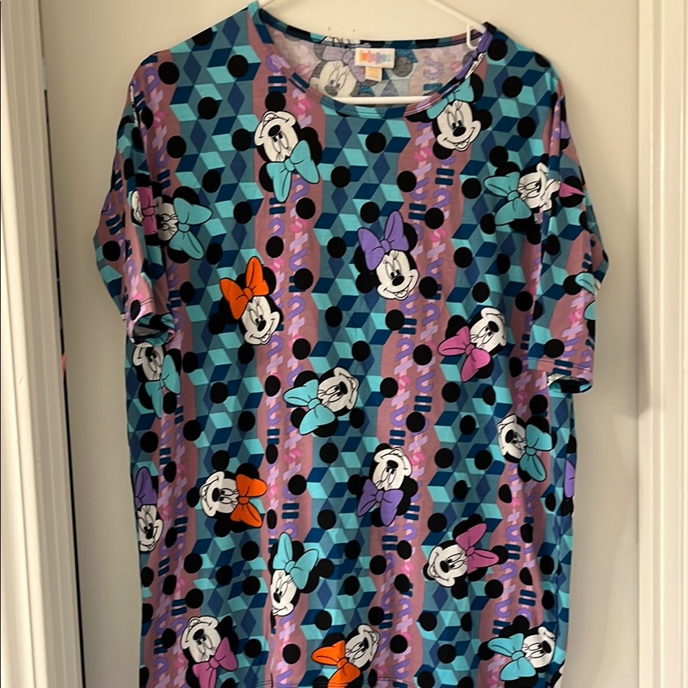 LuLaRoe Women's Short Sleeve Tee - Blue and Purple with Character Print